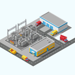Obraz premium Industrial Facility with Trucks and Equipment.