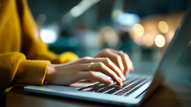 Faceless smiling woman hands on laptop waiting for flight airport uses internet business online traveling remote work computer boarding lounge activity defocused terminal back