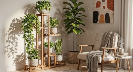 Fototapeta premium A cozy living room with many houseplants and a comfortable armchair.