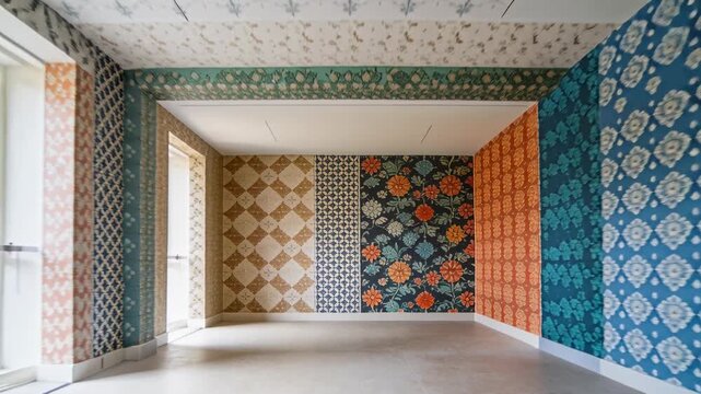 Gliding camera starting entry, moving through wallpaper corridor to show window mullions and panels