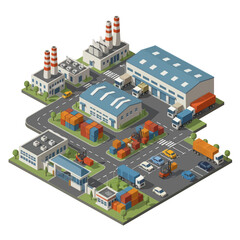 Naklejka premium 3D Isometric Industrial Factory Complex with Buildings and Vehicles.