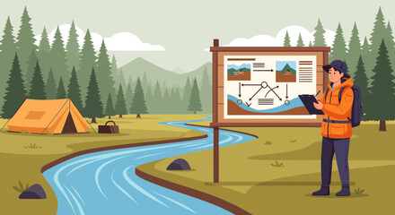 Person studying environmental diagram at campsite.