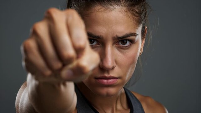 Drill starting, focused boxer reaching clenched fist toward camera in studio, training self-defense