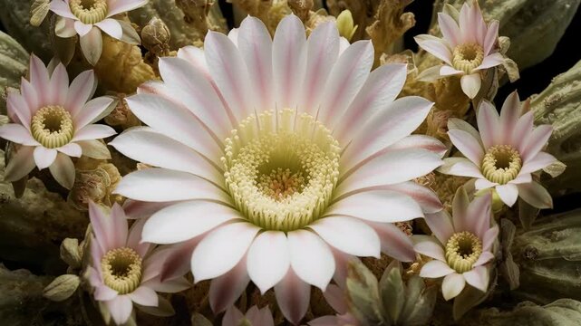 Opening cactus crown showing central bud rising at lab macro with pale pink petals for pollination
