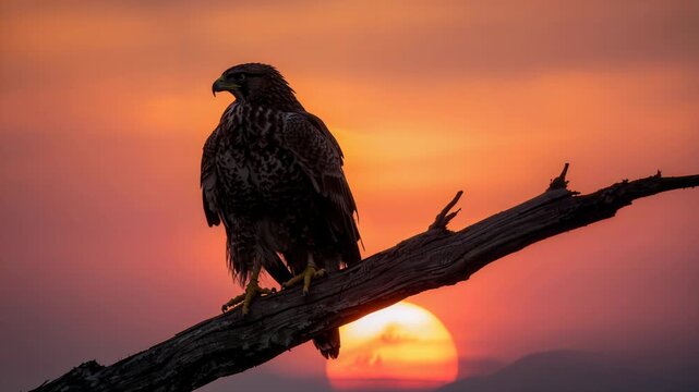 Reacting to sun near horizon single raptor turning head preening, settling on dead branch at sunset