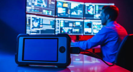Fototapeta premium Portable diagnostic device with a blank blue screen on a table, in a blurred background a man monitors multiple data displays in a control room.