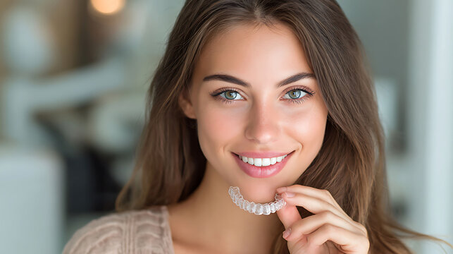 Woman holding a clear orthodontic aligner