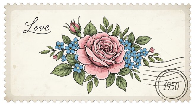 Vintage rose illustration romantic floral design with postmark and love script