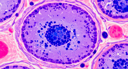 Naklejka premium High magnification microscopic image of a mammalian oocyte with distinct cellular structures and nuclei, stained in purple and pink for biological study.