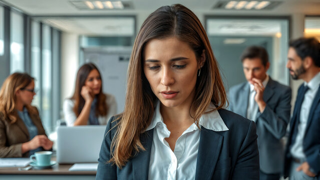 Una empresaria triste sufre acoso en el trabajo mientras sus compa&ntilde;eros rumorean  disimuladamente detr&aacute;s de ella
