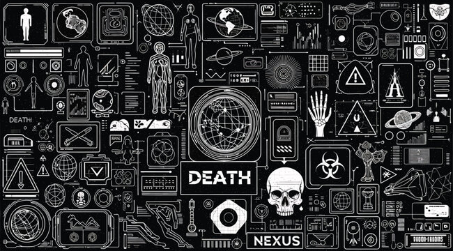 A black and white illustration collage featuring various occult and mystical symbols, including a skull, eye, and geometric shapes, with words like death and nexus