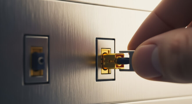 Hand plugging a premium gold-plated coaxial audio or video cable into a high-fidelity electronic device port.