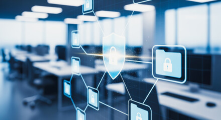 Obraz premium Data security network with glowing shield and padlock icons in a blurred modern corporate office background.