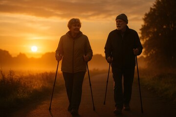 Naklejka premium Senior couple walking along a scenic rural path during a beautiful sunrise, engaging in a healthy and active lifestyle together, promoting well being in old age