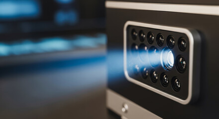 Close-up of a modern projector lens emitting a bright blue light beam in a dark room, illustrating advanced display technology and multimedia presentations.
