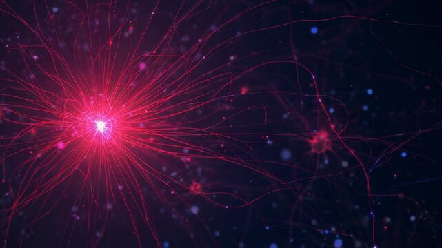 Emitting active pulse, central red soma extending neurites in dark neural field to signal network