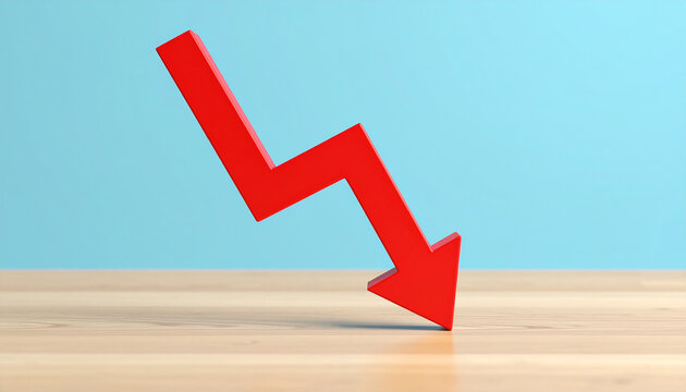Red arrow pointing down, minimalist wooden graph, financial loss and business risk concept.