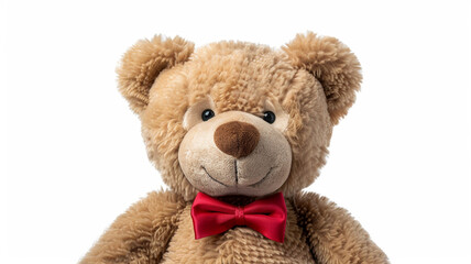 Lovable brown teddy bear plush toy with a red bowtie isolated on white, perfect for childhood gift and family lifestyle.