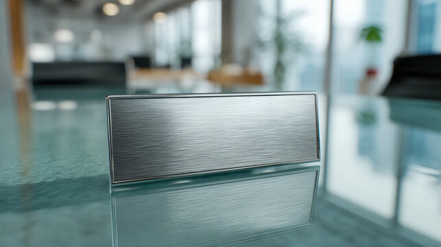 Sleek and modern blank metallic nameplate resting on a reflective glass table in a bright office environment with blurred background details