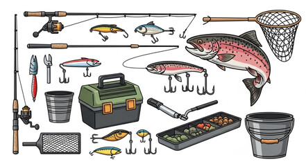 Fishing gear illustration featuring rods, lures, tackle box, and a fish. © Diati