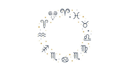Zodiac wheel illustration featuring astrological signs and celestial symbols in a circle. © Diati