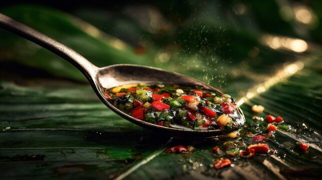 Generous dollop of sambal matah, a fresh chili and shallot condiment on a spoon, showcasing vibrant flavors.