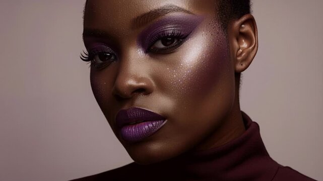 Camera starting model turning face to camera in studio, showcasing purple makeup and burgundy top