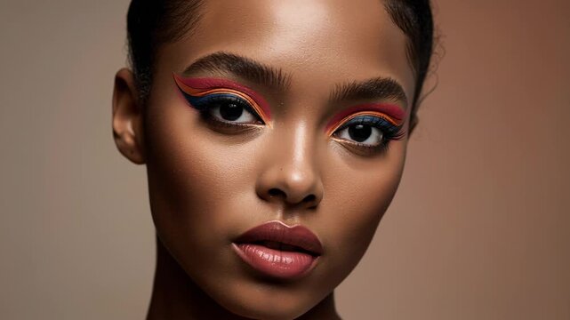 Turning beauty model adjusting face toward camera as crop tightens in studio, highlighting liner