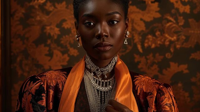 Reacting to camera cue, model turning and adjusting layered necklaces in studio, with orange scarf