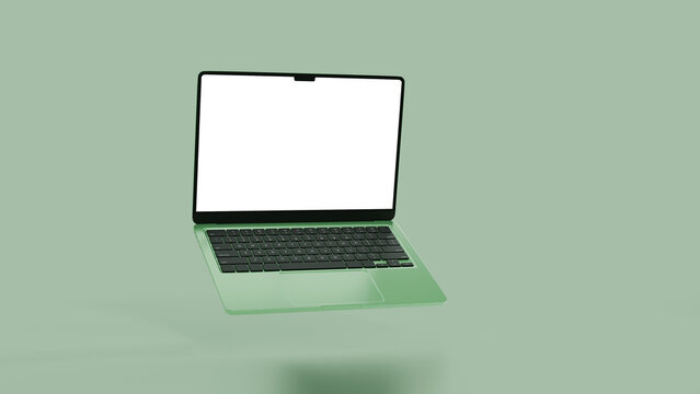 3D Floating laptop with blank screen on green background with clipping path