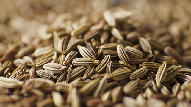Aromatic pile of dried fennel seeds close-up, perfect for culinary, spice, and healthy lifestyle concepts.