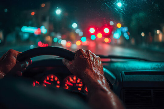 Driving at night through urban streets with colorful blurred lights illuminating the wet windshield and dashboard in a moody atmosphere of focused hands on steering