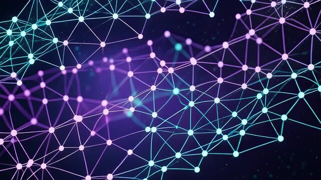 Abstract digital network animation with glowing purple and cyan connected nodes on dark starry background