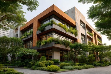 Fototapeta premium A modern building with wood facade with green plants in the foreground, perfect for business or housing use
