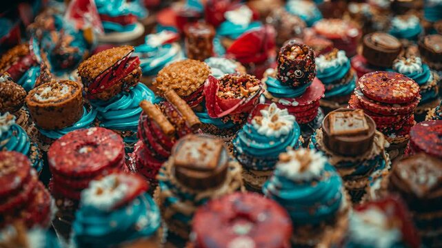 Racking camera moving focus at pastry case, revealing blue cupcakes, red donuts, chocolate cups