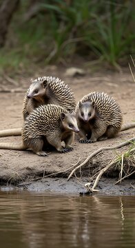 Three echidnas resting by the water