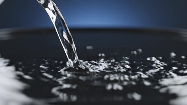 Elegant Studio Shot of Crystal Clear Water Flowing in an S Shaped Stream Against a Dark Blue Gradient Background with Ripples and Reflections