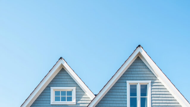 Blue house gable roof white window modern architecture residential building clear sky exterior minimal style peaceful daylight