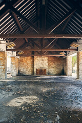 Naklejka premium Rustic stone and timber park shelter interior