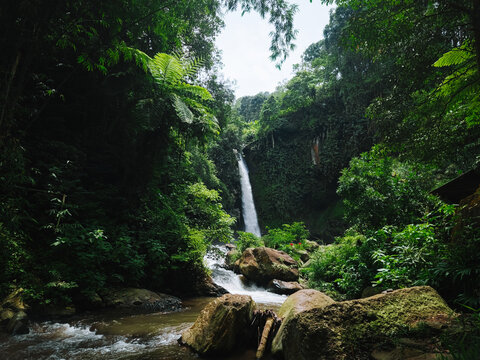 Tropical waterfall cascading into a rocky river surrounded by lush green forest in East Java, Indonesia