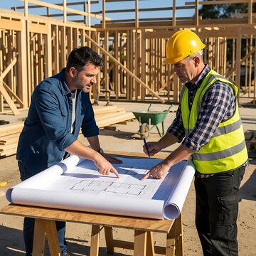 Construction workers reviewing blueprints on a job site