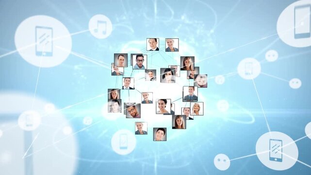 Animation of network of connections with icons and user photos over blue background