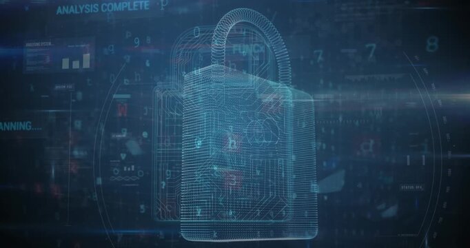 Cyber security data processing against security padlock icon and data processing on blue background