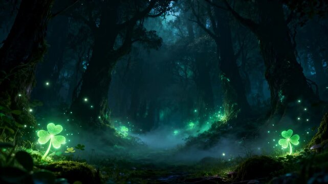 Opening centered St Patrick's Day title introducing enchanted forest clearing, shamrocks pulsing