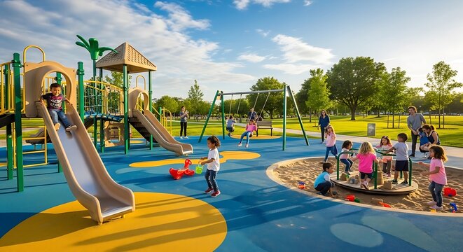 Children playing on a modern playground with slides swings and sandpit