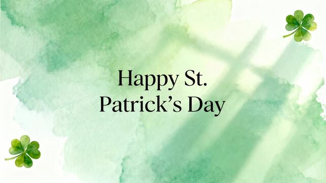 Shifting light revealing center Happy St Patrick's Day on green wash with clovers for subtle motion
