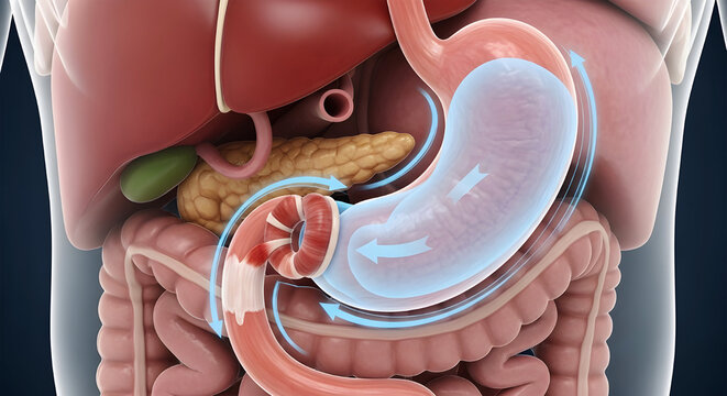 Bariatric surgery concept Human digestive system anatomy with stomach and intestines