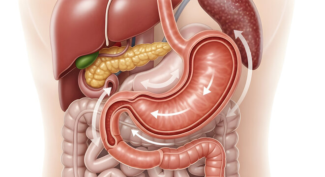 Bariatric surgery concept Human digestive system internal organs with arrows showing flow