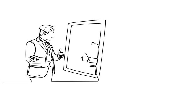 businessman loves to look at reflection in mirror with thumbs continuous one line drawing animation, Animated self drawing of single continuous line draw businessman loves to look at reflection