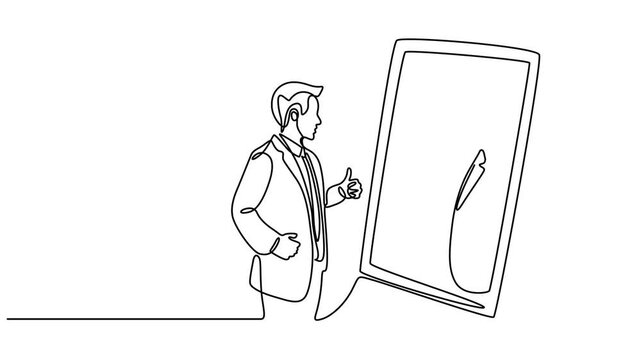 businessman loves to look at reflection in mirror with thumbs continuous one line drawing animation, Animated self drawing of single continuous line draw businessman loves to look at reflection
